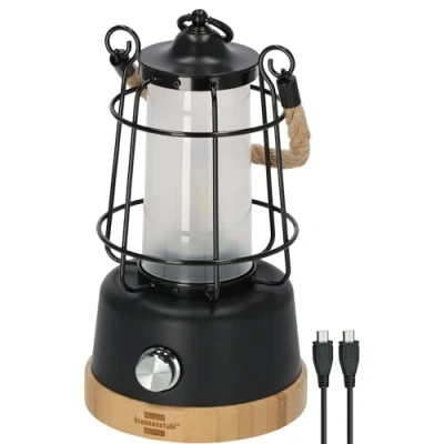 Abbildung von Brennenstuhl LED Akku Campinglampe CAL 1 AC (350lm, IP44, bis zu 75h Leuchtdauer, stufenlos dimmbar, Farbtemperatur einstellbar, wiederaufladbare USB C Outdoor Lampe mit Hanfseil und Bambussockel)