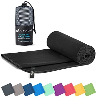 Abbildung von Fit Flip Mikrofaser Handtuch kompakte Microfaser Handtücher ideal als Sporthandtuch, Reisehandtuch, Strandtuch schnelltrocknend und leicht Badetuch groß (70x140cm, Schwarz)