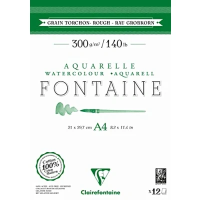 Abbildung von Clairefontaine 975949C Aquarellblock Fontaine DIN A4 21x29,7cm, mit 12 Bogen 300g Torchon/Rau, zweiseitig geleimt, 1 Block