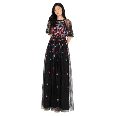 Abbildung von Maya Deluxe Damen Women&#039;s Maxi Ladies Ball Gown for Wedding Guest Short Sleeve Polka Dot Floral Sequin Embellished Prom Occasion Dress, Schwarz, 44 EU