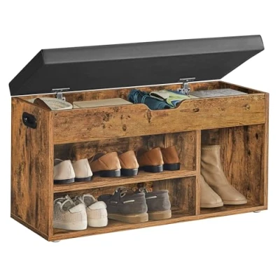 Abbildung von VASAGLE Schuhbank mit Sitzfläche, Sitzbank Stauraum, gepolstert, 3 offene Fächer, Fach unter Sitzkissen, Schuhregal für Wohnzimmer, Flur, bis 136 kg belastbar, vintagebraun LHS30BX