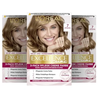 Abbildung von L&#039;Oréal Paris Permanente Haarfarbe, 100% Grauhaarabdeckung, Haarfärbeset mit Coloration, Shampoo und 3 Fach Pflege Creme Farbe, Excellence Creme, 7 Mittelblond, x 268 g
