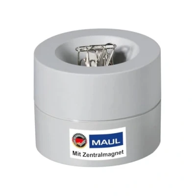 Abbildung von Maul Klammernspender MAULpro Ø7,3x6cm Schreibtisch Organizer für Büroklammern Zubehör mit Magnet Büro Inklusive 15 Klammern Stilvoller Büroklammernspender Grau