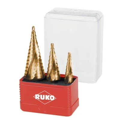 Abbildung von RUKO Stufenbohrer HSS TiN, spiralgenutet mit Kreuzanschliff, Hochleistungs Schnellarbeitsstahl, Titan Nitrid Beschichtung, 3 teilig