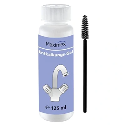 Abbildung von Maximex Entkalkungsgel mit Bürste, Spezial Entkalker entfernt Kalk, Kalkschleier &amp; Zementschleier auf Armaturen, Kacheln Glaskeramikfeldern, besonders sparsam, reinigt selbststätig, 125 ml