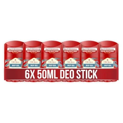 Abbildung von Old Spice Deep Sea Deo Stick für Männer, 6x50ml, 48H Frische, langanhaltender Duft in Parfümqualität, 0% Aluminiumsalze, keine Flecken auf Schwarz &amp; Weiss, hergestellt aus 50% recyceltem Plastik