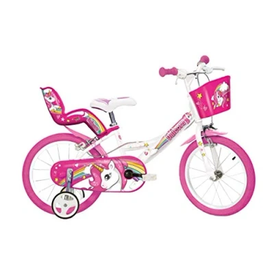Abbildung von Dino Bikes 164R UN Kinderfahrrad Einhorn, 16 Zoll Fahrrad mit Stützrädern, Schutzblech, Kettenschutz, Korb und Puppen Aufsatz, Kinderrad Regenbogen Motive, für Kinder ab 6 Jahren, Weiß/Pink