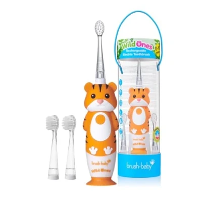 Abbildung von Brush Baby WildOnes Kinder Elektrische Wiederaufladbare Zahnbürste, 1 Griff, Bürstenkopf, USB Ladekabel, für 0 10 Jahre (Tiger)