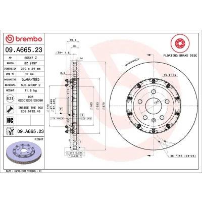 Abbildung von BREMBO 09.A665.23 Bremsscheibe 370 34 5 Verbundbremsscheibe, innenbelüftet beschichtet hochgekohlt mit Schrauben CHEVROLET: Camaro V Coupe