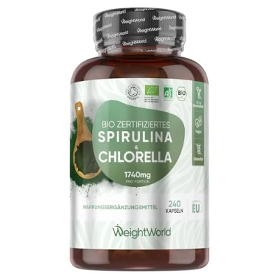 Abbildung von Bio Spirulina &amp; Chlorella 3 Monate Vorrat 1500mg Pulver nur in 2 Kapseln Zertifizierte Zutaten 180 Vegane Super Greens ohne Zusätze Alternative zu Presslinge WeightWorld