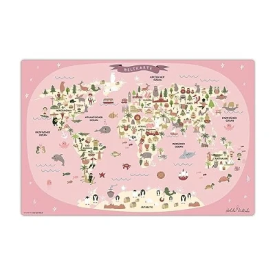 Abbildung von Schreibtischunterlage abwischbar für Kinder Weltkarte in rosa mit Tieren deutsch 60 x 40 cm aus hochwertigem Vinyl