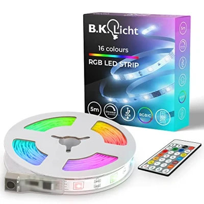 Abbildung von B.K.Licht USB LED Strip 5m mit Musiksensor, Fernbedienung, RGB IC dynamischer Farbwechsel, Streifen, Leiste, Zimmer Deko, Gaming Band, Lichtleiste, 500x0,8x0,3 cm, Weiß