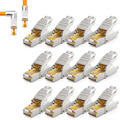 Abbildung von deleyCON 12x CAT 6a Netzwerkstecker 90 Winkel Stecker RJ45 Werkzeuglos Geschirmt 10 Gbit/s Netzwerk für Starre Verlegekabel Rohkabel Steckverbinder Ethernet LAN DSL Patchkabel