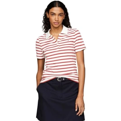 Abbildung von Tommy Hilfiger 1985 SLIM Stripe Poloshirt, Damen, Größe: XS, Breton ecru/terra red