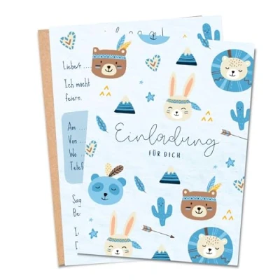 Abbildung von MeinBaby123® 10 Einladungskarten Kindergeburtstag Mädchen und Jungs süße Geburtstagseinladungen für Kinder Boho inkl. Briefumschläge Premium Qualität (Boho Blau)