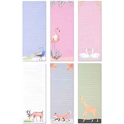 Abbildung von 6 Stück Magnetische Notizblöcke mit Je 60 Blatt, Liniert, Farben und Niedliche Tier Motive, 9 x 23 cm