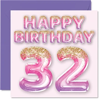 Abbildung von Stuff4 Geburtstagskarte zum 32. Geburtstag für Frauen rosa und lila Glitzerballons Happy Karten 32 Jahre alte Frau Freund Schwester Mama Tante 145 mm x Grußkarten Geschenk