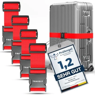 Abbildung von Travely® Premium Koffergurt Besonders Auffällig &amp; Sicher Inkl. 4 Namensschildern Gepäckband ideal über Kreuz [4er Set] Rot