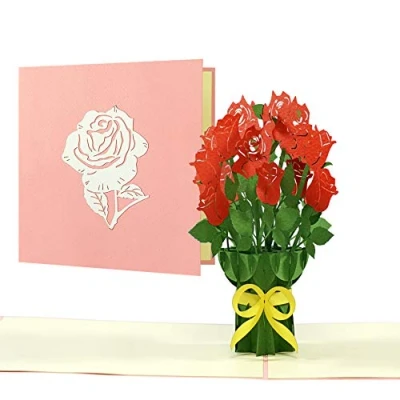 Abbildung von Geburtstagskarte Rote Rosen Edle Pop up Karte zum Geburtstag, Valentinstag, Muttertag, Jahrestag mit 3D Rosenstrauß Glückwunschkarte oder Gutschein, F22
