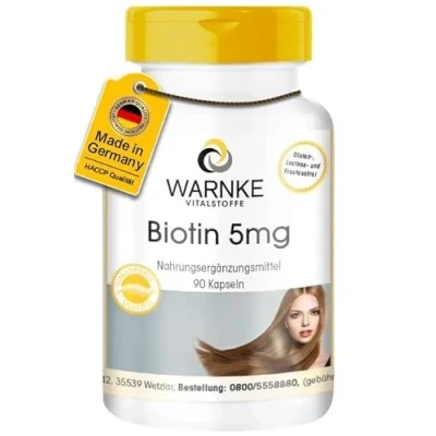 Abbildung von Biotin 5 mg 90 Kapseln hochdosiert mit 5000mcg pro Kapsel vegan Schönheitsvitamin Warnke Vitalstoffe Deutsche Apothekenqualität