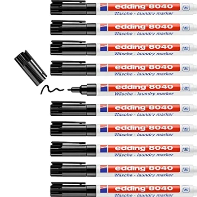 Abbildung von edding 8040 Wäschemarker schwarz 10 Stück Rundspitze 1 mm Textilstift waschmaschinenfest (95 C) zur Beschriftung von Kleidung Textilmarker