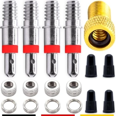 Abbildung von Blitz ventil Fahrradventil Adapter Dunlop Ersatz Set: 4X Fahrradventile mit Dichtung, Mutter, Ventilkappen, Luft pumpe Kompressor Aufsatz DV AV Auto Konverter Schrader Zubehör