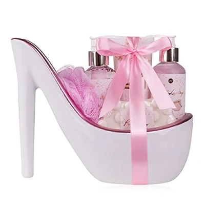 Abbildung von accentra Velvet Luxury Badeset, Geschenkset in wunderschönem, weißen Keramik Pump, 6 teiliges Luxus Beautyset für ein entspanntes SPA Erlebnis