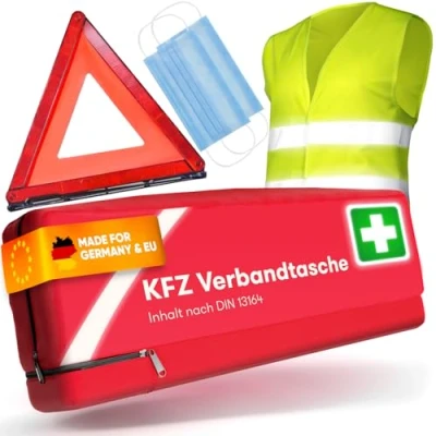 Abbildung von Kfz Kombitasche nach aktueller Norm 2025 DIN 13164 (StVO konform) Inkl. Warndreieck, Warnweste Verbandskasten Auto Warndreieck Erste Hilfe Set