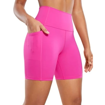 Abbildung von CRZ Yoga Naked Feeling Damen Radlerhose mit Taschen Hohe Taille Shorts Kurze Sporthose Sport Leggings Sportshorts 15cm Hibiskus Purpur 42