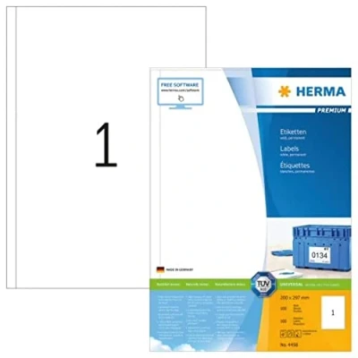 Abbildung von HERMA 4458 Universal Etiketten, 100 Blatt, 200 x 297 mm, 1 pro A4 Bogen, Stück, selbstklebend, bedruckbar, matt, blanko Papier Klebeetiketten Aufkleber, weiß