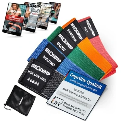 Abbildung von NEOLYMP Kurze Fitnessbänder Stoff mit Fitness Traningsprogramm E Book waschbare Resistance Bands, Widerstandsbänder, Gymnastikband, Fitnessband, Trainingsbänder, Klimmzugbänder (5er Set)