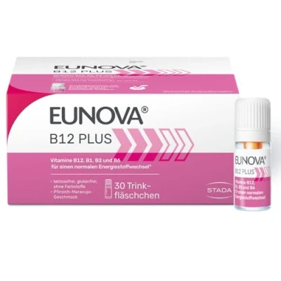 Abbildung von EUNOVA B12 Plus Nahrungsergänzungsmittel mit Vitamin B1, B2, B6 und im Trinkfläschchen tragen zu einem normalen Energiestoffwechsel bei 30 x 8ml