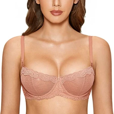 Abbildung von DOBREVA Balconette BH Damen mit Bügel Push Up Dirndl Spitze BHS Sexy Grosse Grössen Ungefüttert Sahnekaffee 80B