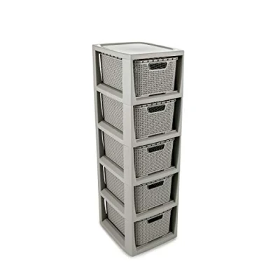 Abbildung von BranQ Home essential Regal in Rattan Design, BPA freie Kunststoff PP, Hellgrau, 29,5 x 24 80 cm, 5 Körben