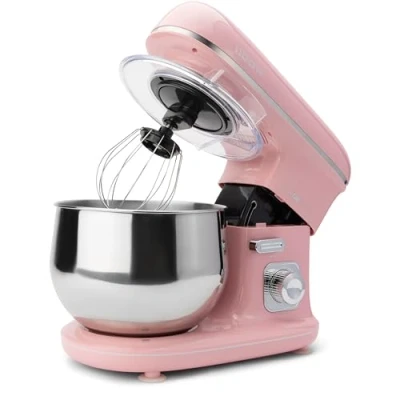 Abbildung von Clatronic Retro Küchenmaschine zum backen Knetmaschine 5L mit starkem 1100W Motor Teigmaschine inkl. Haken &amp; Schneebesen Teigknetmaschine Spritzschutz Nachfüllöffnung KM 3711 pink