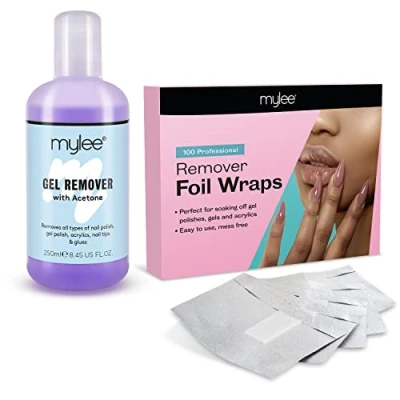 Abbildung von &quot;Mylee Gel Nagellackentferner Set Mylee Remover (250ml) + Alufolie (100 Stück), Soak Off Aceton Lösung mit Fusselfreien Pads in &quot;