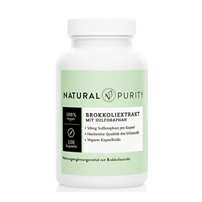 Abbildung von Brokkoli Extrakt 120 hochdosierte Kapseln à 500mg 50mg Sulforaphan pro Kapsel 100% vegan hochreine Qualität des Wirkstoffes Natural Purity