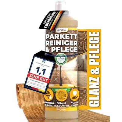 Abbildung von Qindoo Parkettreiniger Parkettpflege, 1 Liter Holz Reiniger I Holzseife für Holzboden Pflege, Parkett wischen, rückfettend und nährt den Holzboden, schön polierbar