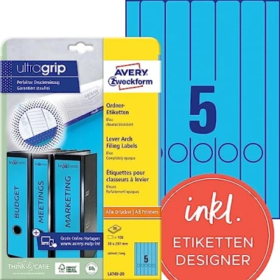 Abbildung von AVERY Zweckform L4749 20 Ordnerrücken Etiketten (100 Rückenschilder mit ultragrip, 38x297mm auf A4, schmal/lang, selbstklebend, absolut blickdicht, bedruckbare Ordneretiketten) Blatt, blau