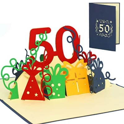 Abbildung von LINPOPUP® Pop Up Karte 50 Geburtstag, 3D Geburtstagskarte mit Umschlag, Happy Birthday Gutscheinkarte zum Geschenk für Freund, Mann, Jubiläum, Zahl blau, N21