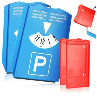 Abbildung von com four® 2X Parkscheibe mit Eiskratzer, Gummilippe und Notfach für Unfallberichte Einkaufswagenchips Parkuhr aus Kunststoff (2 Stück Notfach)