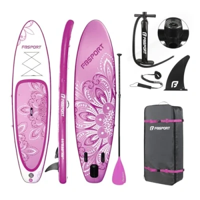 Abbildung von FBSPORT Aufblasbares SUP Board, Stand Up Paddling Aufblasbare Paddle Board für 15CM Dick, Surfbrett Kit mit Verstellbares Aluminium Paddel+Pumpe(Flower Purple)