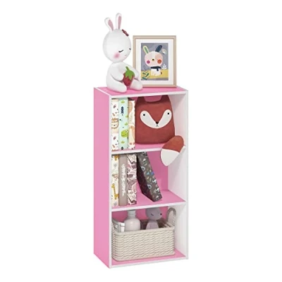 Abbildung von Furinno Luder 3 stufiges Bücherregal mit offenem Regal, Rosa/Weiß
