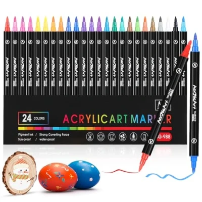 Abbildung von Diboniur 24 Farben Acrylstifte, Filzstifte Set Dual Brush Pen für Erwachsene, Acrylstifte Wasserfest Textilstifte, Textil, Steine, Holz, Papier, Keramik, DIY