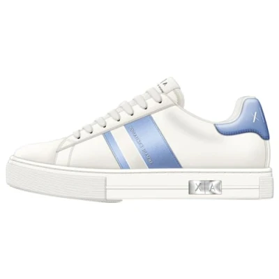 Abbildung von Armani Exchange Damen Mina Cup Sole, Back tab with and Metal Logo Detail on Side Sneaker, Off White+ Blue, 39 EU