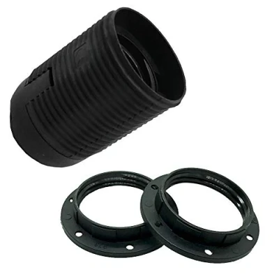 Abbildung von Fassung E27 Schwarz mit Gewindemantel und Aufsteckkappe M10x1 + 2x Schraubring Thermoplast Lampen steckbar Set