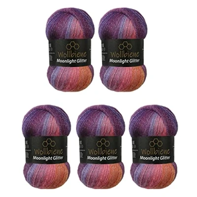 Abbildung von Moonlight Glitter Batik Simli 5 x 100g Strickwolle 500 Gramm Wolle zum Stricken und Häkeln 20% Metallic türkische Farbverlaufswolle Glitzerwolle (5600 lila beere orange)