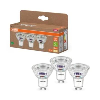 Abbildung von Osram Energy Class LED Reflektor Lampe PAR16 mit 2.5 W, 450 lm, warmweiß (2700 K) aus klarem bleifreiem Glas GU10 Sockel in der Energieeffizienzklasse A, 50 mm Durchmesser, IP20.