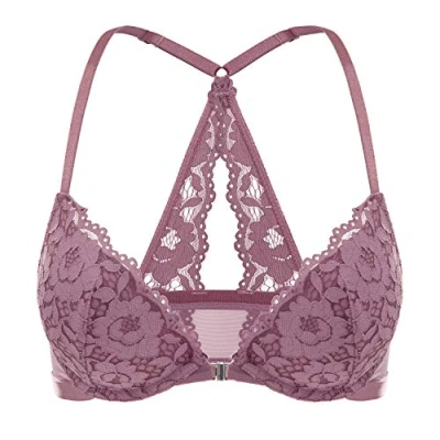 Abbildung von DOBREVA Damen Vorderverschluss BH mit Bügel Push Up Spitzen Neckholder BHS Racerback Tiefer Ausschnitt Gepolsterter Orchideenrose 85E