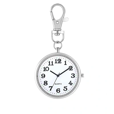 Abbildung von JewelryWe Taschenuhr Uhr mit Karabiner Schlüsselanhänger: Damen Herren Karabineruhr Klassische Einfache Analog Quarz Uhren Silber Rundem Gehäuse und großen Arabischen Zahlen Zifferblatt